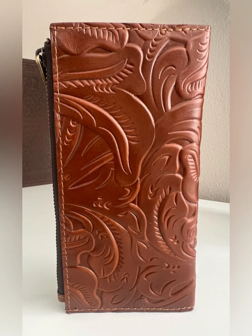 Patricia Nash Tooled Leather Wallet Brown Floral RFID Zip Clutch Embossed New